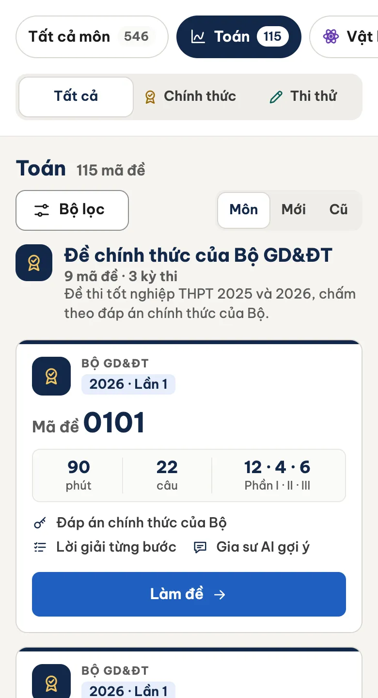 Thư viện đề lọc theo môn Toán: các mã đề chính thức, mỗi đề một thẻ.